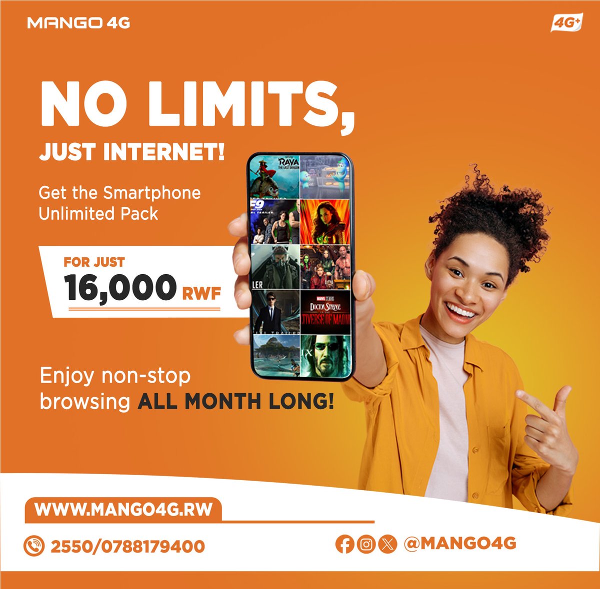 Mango4G's tweet photo. Interineti idashira ukoresha iminsi 30 yose ntaguhagarara! Kanda *766# wigurire smartphone unlimited pack ku 16,000 RWF gusaa.
https://t.co/Pqud48pQWW
#GetCozyWithUs #truly4gnetwork #switchtomango4g #mango4ginternet https://t.co/CoAu4lo3Wy