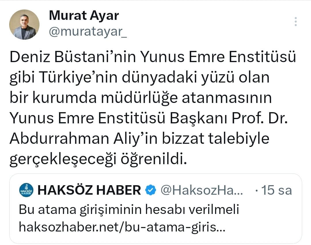 ismail_halis's tweet photo. Sonda söyleyeceğimi başta söyleyeyim 

Aslında, aşağıdaki twit dahil, onlarca, yüzlerce twiti "boşa düşürecek" bir "açıklama" twiti gelebilirdi mesela

Gelmedi.

"Bu iddialar asılsızdır" diyebilirdi @yeeorgtr Başkanı ..

Yapmadı, yapamayacak da muhtemelen 

**

Bir çok arkadaşımız dünden bu yana gerçekten önemli paylaşımlar yaptılar sağolsunlar, başka birşey söylemek isterim. 

**

Bu toprakların en temiz, 
en soylu, 
en berrak ilk ismi kimdir 
desek

Muhtemelen her siyasal, kültürel eğilimin söyleyeceği ilk isim

Yunus Emre'dir. 

Ya hu

Biz
Bu toprakların bin yılının 
en nezih, en duru ismi Yunus Emre'yi bile
hırsızlık, yolsuzluk, banka kasaları, onlarca açılmış hesapla kirlettik. 

Sanki hiç birşey olmamış gibi, üç gün "muhalifler" haber yaptı, silindi gitti öyle mi !

O kirli ağı bilenler, elbette sadece "kaçanlar" değildi.

Hangi kirli ağ, sadece bir kaç kişi ile yürüyebilmiştir ki ?

O kirli ağın bir tarafında olanlar, bugün farklı pozisyonlarda, aktif görevlerdeler, bilen biliyor...

Daha ötesi, olmaz dediğimiz ne varsa olabiliyor... 

Burada geçen hafta yazdım, nerdeyse hiç1 şey olmadı, 

"Nadir Ersoy", hangi pozisyonda, hangi bağlamda, nasıl 1 "oyunculuk" kurmuş ilgili kurum ve kişilere, sahne sahne yazdım.. Yazdım da ne oldu peki .. Kendi "yolumuzu, "yollarımızı" kapattığını, kapatacağını onlarca kez yaşadığımız halde, 
neden 
"yazıyorum" değil mi ..

(Hakikatın hatrı için
Devletimize, inancımıza olan ahdimiz için olsa gerek.. ) 

Şu net olarak görüldü 

"Nadir Ersoy" ve "Deniz Bustani" gibi Şebbiha örgütleyicisi karakterleri, 
muhafaza eden, 
onları, 
tahmin dahî edemeyeceğimiz adreslerde görevlendirebilecek etkinlikte olan birileri var, birilerinden daha ziyade
daha büyük güvenlik sorunu olan,  
bir ağ ve klik var.. 

(Algı, varlık, öncelik ve pozisyon kodlarınızda yer almadığı için) 
Anlayamacağınız şey şu. 

Burada ismi geçen, geçmeyen kurumlarımızın,
(o kurumlarımızın çatılarının anlamının )
tamamını, 
emin olun, sizlerden çok ama çok daha fazla önemsediğimiz için, o kurumların anlamı için bin türlü gayret ettiğimiz için, 
yazdıklarımız, 
yine önemsediğimiz için yazmadıklarımız ise 
bunun emin olun 38 kez katı filandır.. 

İyi hafta sonları dilerim☘️