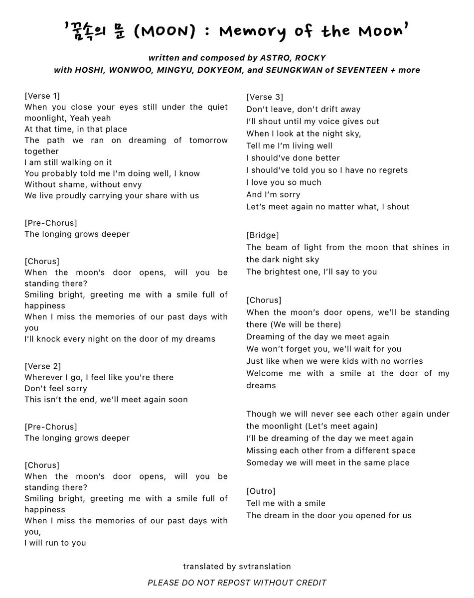 ‘꿈속의 문 (MOON) : Memory of the Moon’ english lyrics translations

written and composed by ASTRO, ROCKY
with HOSHI, WONWOO, MINGYU, DOKYEOM, and SEUNGKWAN