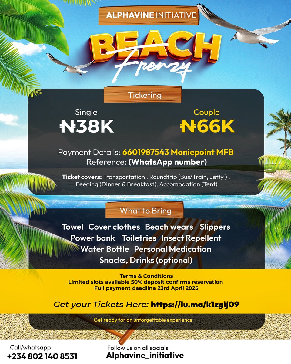 AlphaVine_Intv's tweet photo. Come and experience the ultimate beach and camping experience on the 26th of April 🌊

Single: 38k
Couple: 66k

Payment deadline is 23rd April 2025. Book your slot NOW!!! https://t.co/TxtLliJaY8