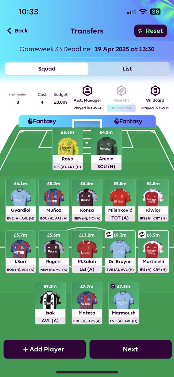 liamstatham16's tweet photo. @FPLTom_ Hey boss my current team on the left or would could take a -4 for said team on the right what do you think? Moving Saka to KDB frees up 6.5 if I remove Murphy https://t.co/bKq8Vo3JUR