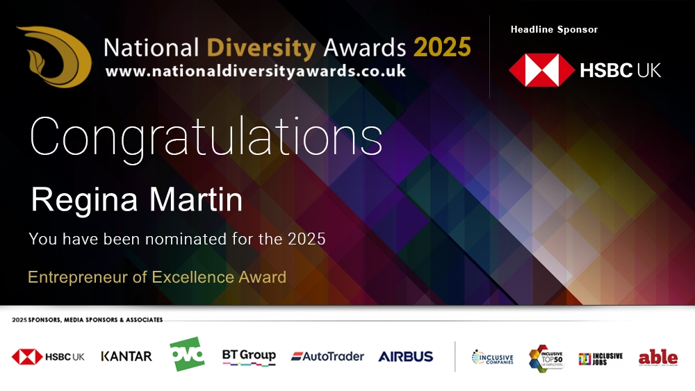ndawards's tweet photo. Congratulations to Regina Martin @Regina_Martin who has been nominated for the Entrepreneur of Excellence Award at The National Diversity Awards 2025 in association with @HSBC_UK. To vote please visit https://t.co/i953C90BOa #NDA25 #Nominate #VotingNowOpen https://t.co/9l6UtZ9rcy