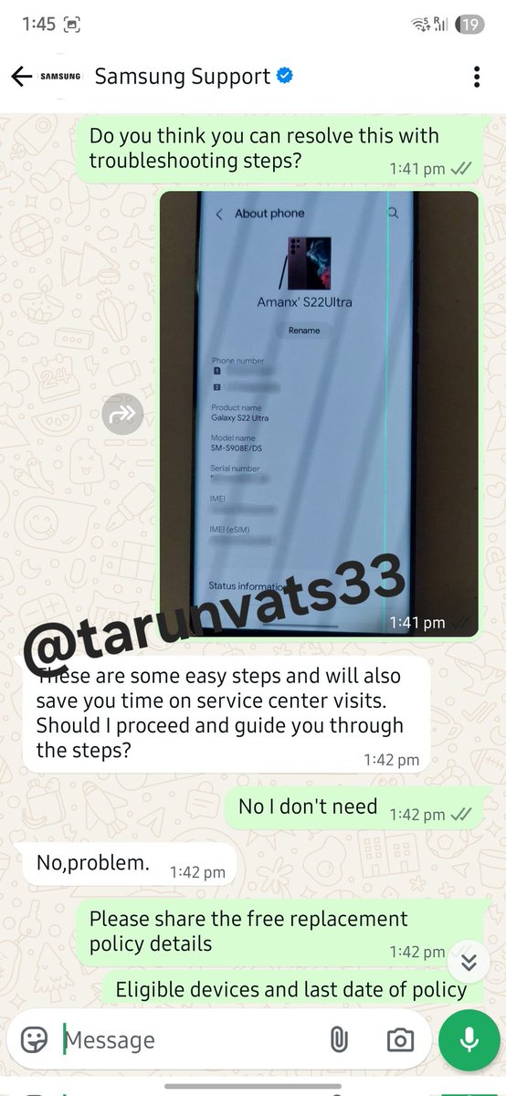 tarunvats33's tweet image. Attention ‼️

Spoke to Samsung Support — they&apos;ve extended GREEN LINE FREE SCREEN REPLACEMENT policy till 30th Sept 2025.

S22 Ultra/S21 are eligible, BUT they won’t reveal the full list of supported devices.  Come on Samsung, transparency isn’t that hard

REPOST TO HELP