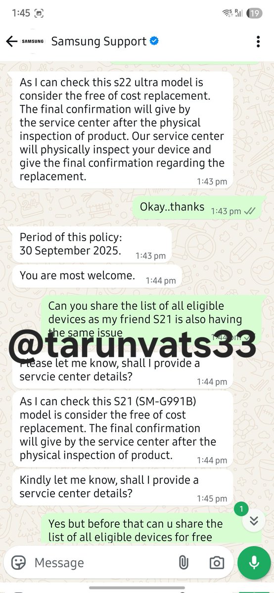 tarunvats33's tweet image. Attention ‼️

Spoke to Samsung Support — they&apos;ve extended GREEN LINE FREE SCREEN REPLACEMENT policy till 30th Sept 2025.

S22 Ultra/S21 are eligible, BUT they won’t reveal the full list of supported devices.  Come on Samsung, transparency isn’t that hard

REPOST TO HELP