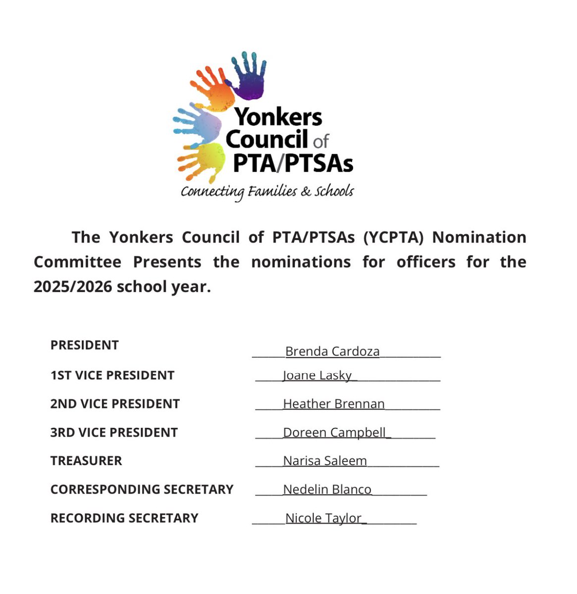 YCPTA (@yonkerscpta) on Twitter photo Congratulations to the 2025/2026 YCPTA Slate!
Reminder - Meeting for Elections is Monday, May 19th, 2025 @ 7pm. This year's Elections will be held at Gorton HS.
🚨All Good Standing units President and Delegates MUST attend this meeting.
<a href="/YonkersSchools/">Yonkers Public Schools</a> Congratulations to the 2025/2026 YCPTA Slate!
Reminder - Meeting for Elections is Monday, May 19th, 2025 @ 7pm. This year's Elections will be held at Gorton HS.
🚨All Good Standing units President and Delegates MUST attend this meeting.
<a href="/YonkersSchools/">Yonkers Public Schools</a>