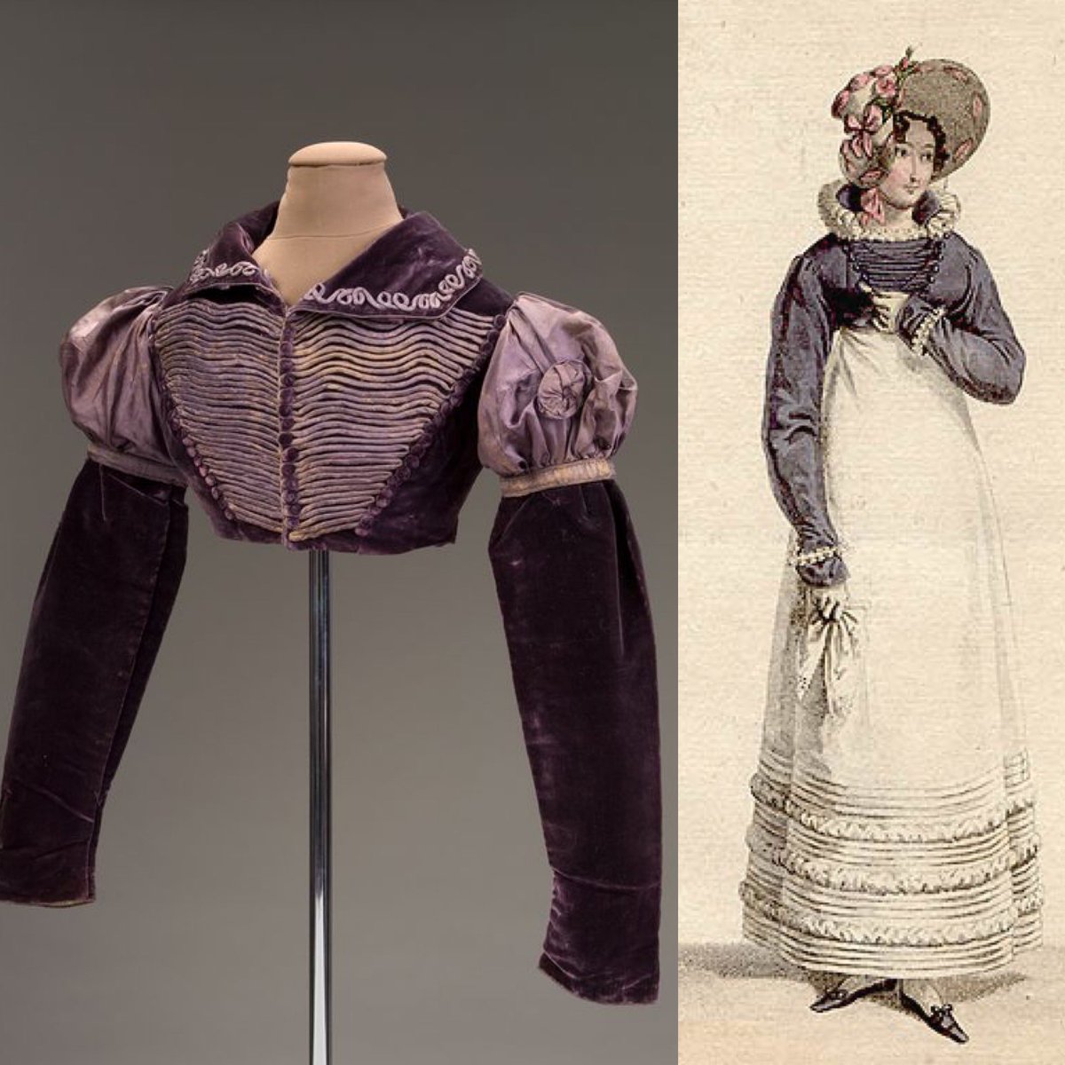 kateStrasdin's tweet image. High waists meant short jackets in the early #c19th, inspired too by military aesthetics. The deep purple velvet with paler details, offered contrast to the white cotton gown beneath #DARMuseum #fashionhistory