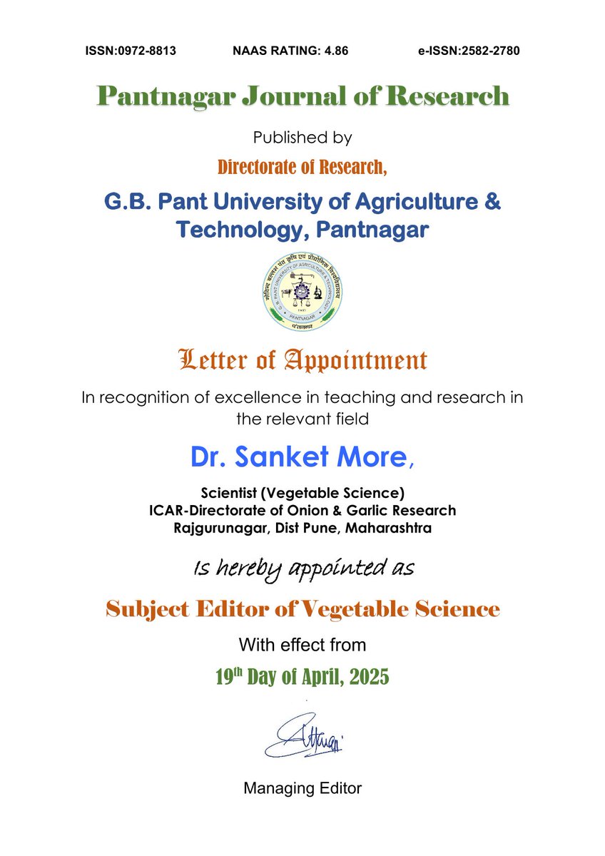 sank1809's tweet photo. 🎉 Honoured to be appointed as Subject Editor (Vegetable Science) for Pantnagar Journal of Research, GBPUAT. I invite researchers to submit quality articles &amp; reviews in Vegetable Science to this esteemed journal.  🌱📚 #CallForPapers @gbpuatofficial https://t.co/DelfwHJBxA
