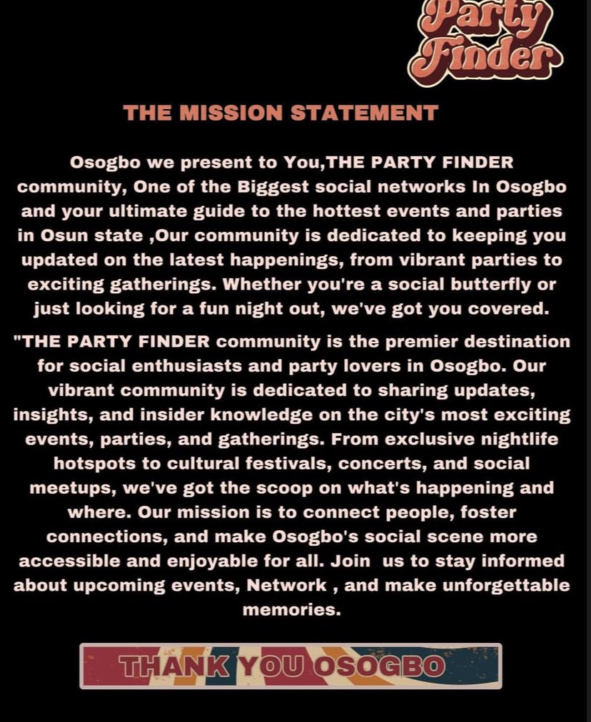 OSOGBO PARTY FINDER’S MISSION STATEMENT <a href="/InsideOsogbo/">Inside Òṣogbo</a> <a href="/FoluboiNg/">Duke Of Osogbo🇳🇬</a> <a href="/osogbo/">Adams Alabi</a>