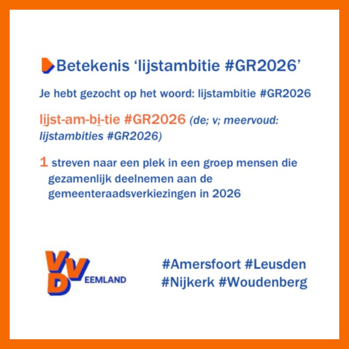 Komt het woord #lijstambitie in jouw woordenboek voor? Je hebt nog precies 6 weken om je ambitie kenbaar te maken! Lees het hier: bit.ly/41SCFqf

#VVD #Amersfoort #Hoogland #Hooglanderveen #Nijkerk #Hoevelaken #Nijkerkerveen #Leusden #Stoutenburg #Achterveld #Woudenberg