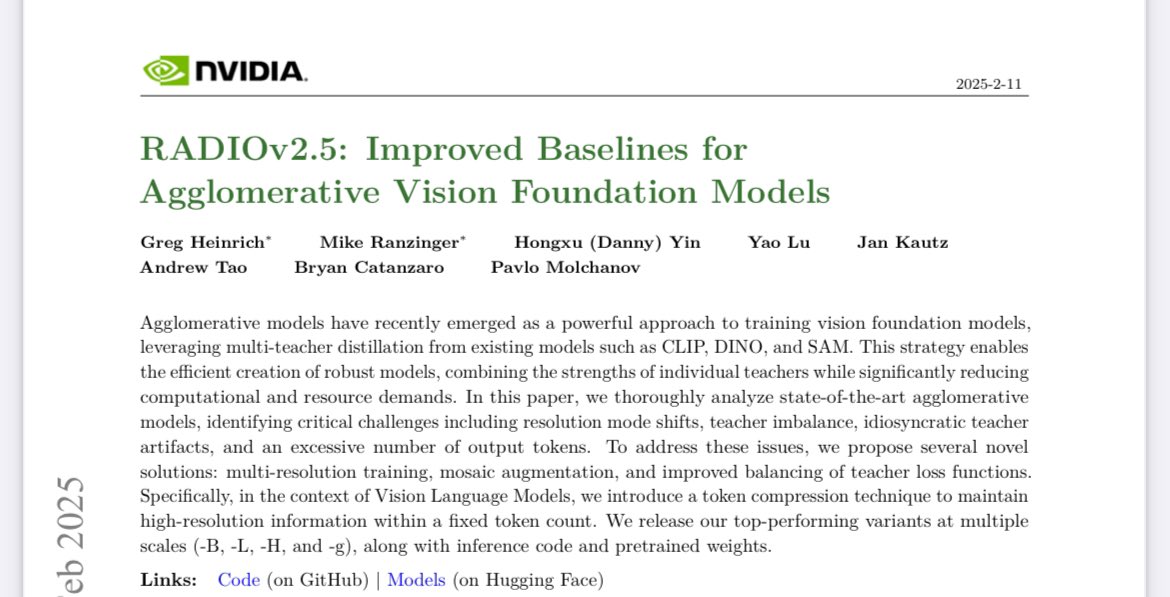 a_chow_cs's tweet image. This paper is so well written! It deserves more views! Agglomerative Foundation Model is the future! #NVIDIA #CVPR2025