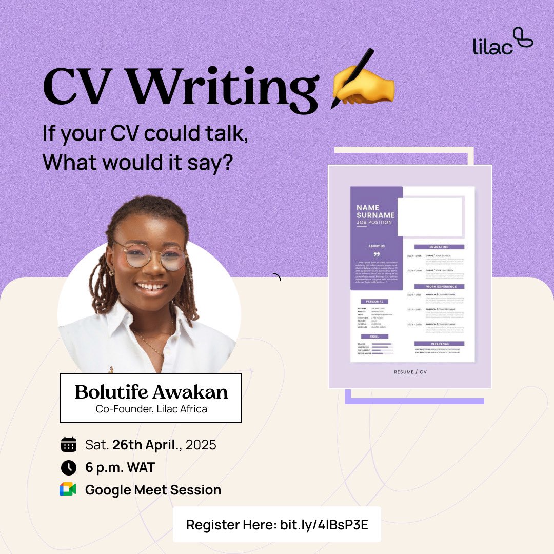 lilac_Africa's tweet image. Got a CV that’s just… meh? Let’s fix that.

Join us this Friday, April 26th at 6PM on Google Meet for a CV Writing session that’ll help your résumé speak confidently for you.

Let’s get you job-ready!

#LilacAfrica #CVWriting #CareerTips #WomenInTech #JobSearch