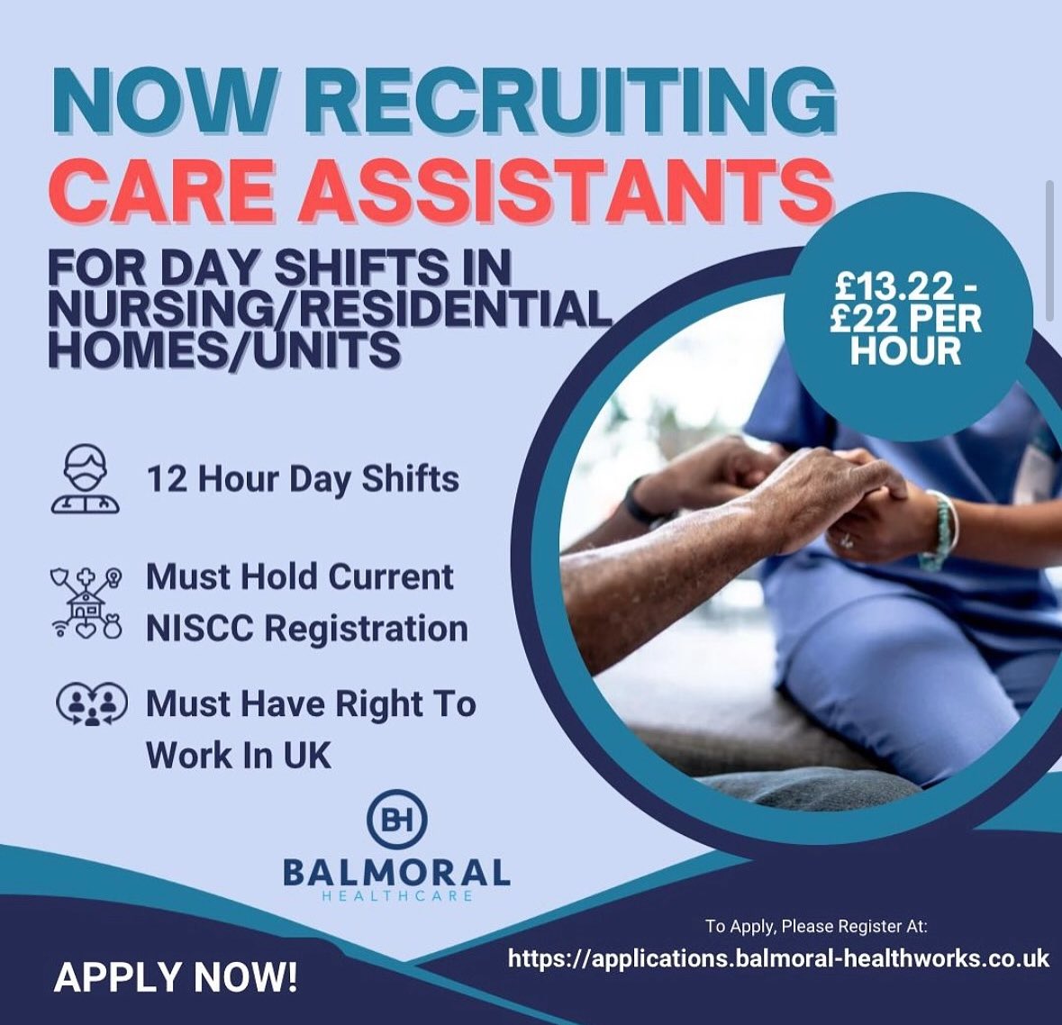 Are you a Care Assistant looking for flexible shifts that let you work around your commitments?🧑‍⚕️👩‍⚕️

We currently have lots of day shifts available for care assistants within nursing/residential homes across NI! 🏠

To register, please apply at ⬇️

…plications.balmoral-healthworks.co.uk