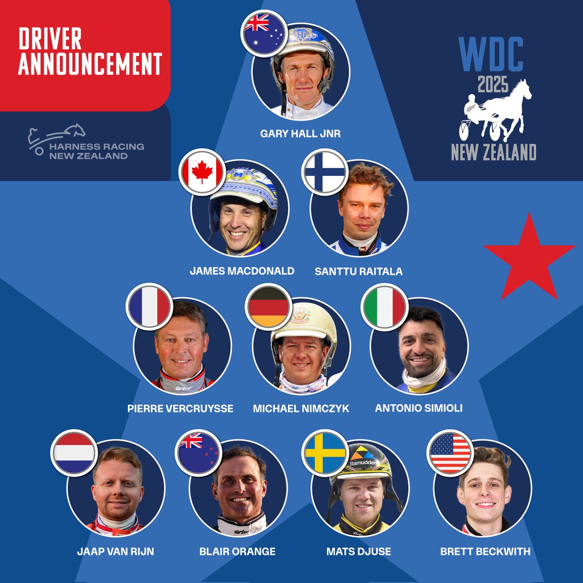 The 2025 World Driving Championship lineup is here!

10 drivers. 10 nations. And it’s all going down across 4 iconic NZ tracks this November — including IRT NZ Cup Day.

NZ’s own Blair Orange will fly the silver fern on home soil.

Details: wdc25.nz
#WDC2025