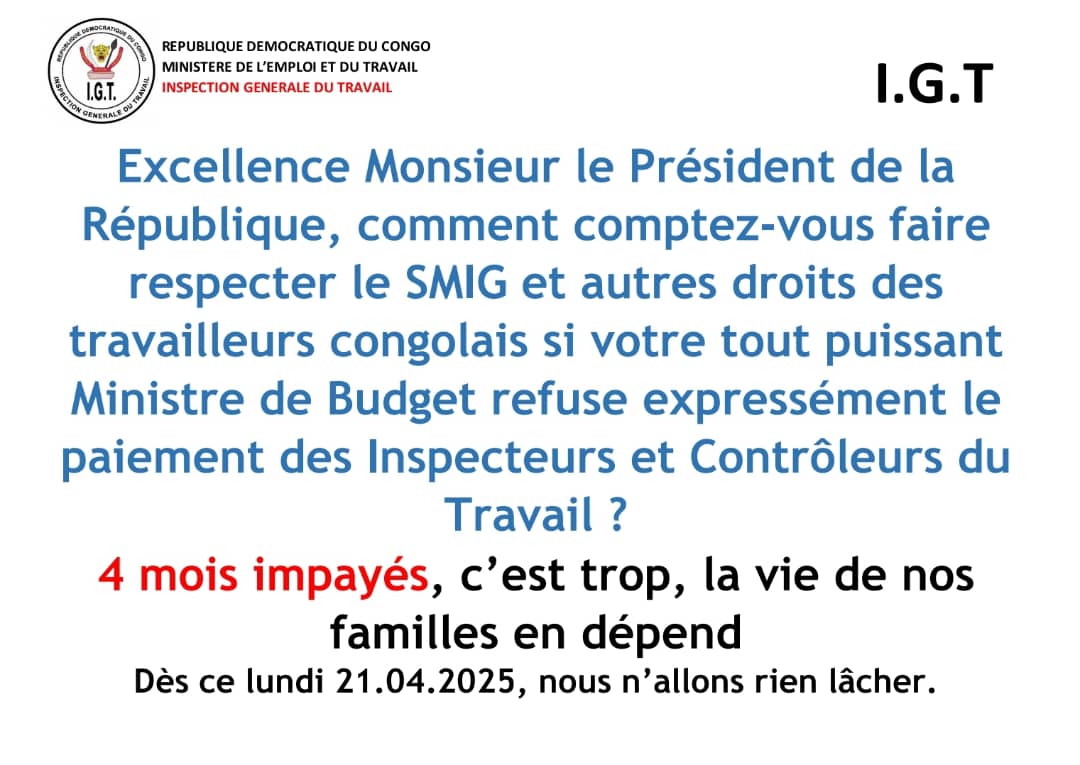 Sn excellence Monsieur le président d la République <a href="/fatshi13/">Félix A. Tshisekedi</a> la réglementation du Mnde du Travail passe par le meilleur traitement des inspecteurs et contrôleurs du Travail, nous avons à ce jour 4 mois d'arriérés et le ministre du budget <a href="/BojiAime/">Aimé BOJI SANGARA (MSc, BSc Honours)</a> bloque ntre dossier. <a href="/LikundeR/">Doudou R. FWAMBA LIKUNDE</a>