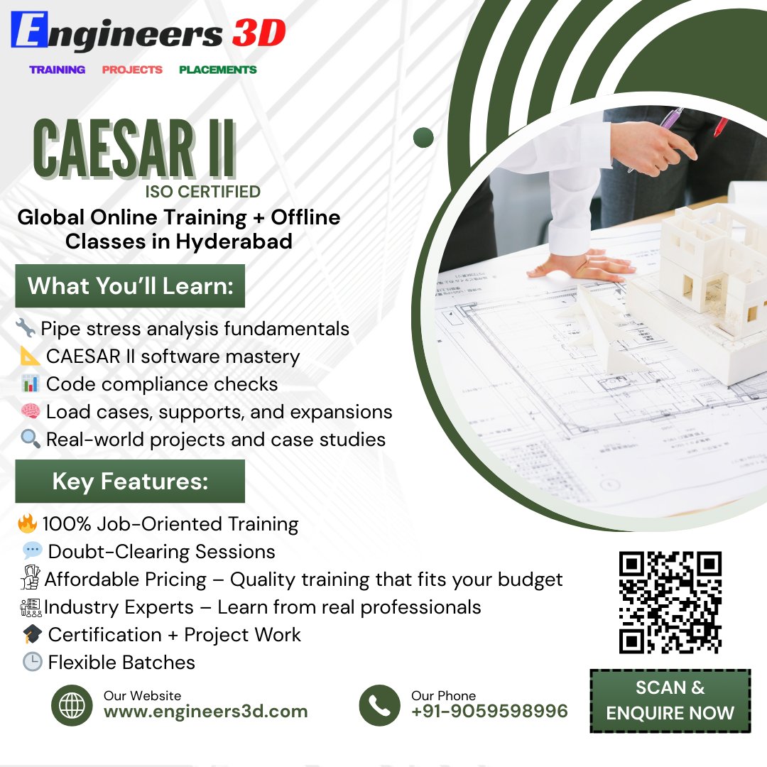 Engineers3d's tweet image. For enquiry click the link - forms.gle/VMp57quzvydMMg…
Crack the code of pipelines! 💥 Learn Stress Analysis Engineering – CAESAR II with Engineers3D 🧠💻. 

#CAESARII #StressAnalysis #PipeStress #Engineers3D #EngineeringTraining #PipingDesign #MechanicalEngineers #OnlineTraining