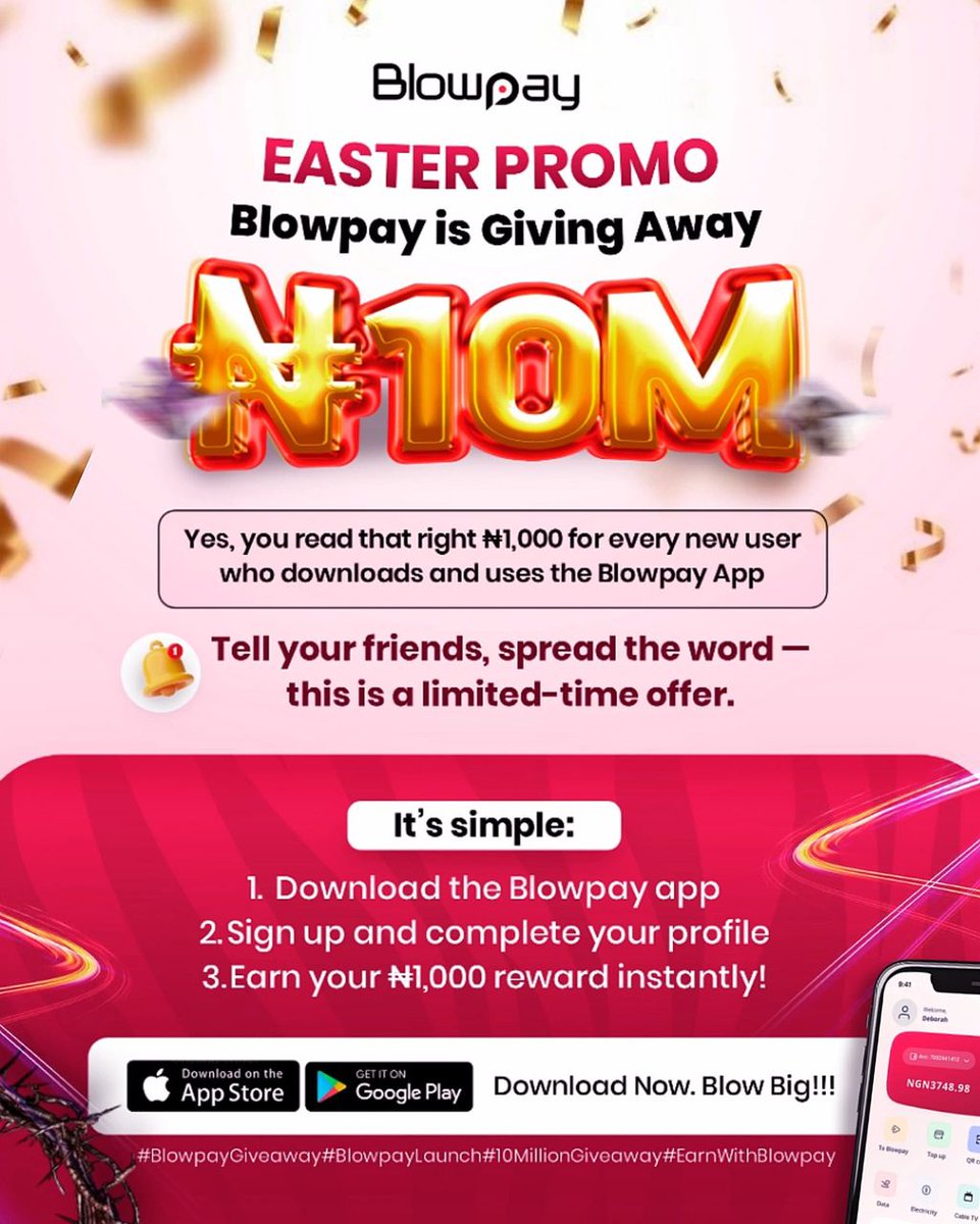 blowpay's tweet photo. Easter is Upon Us✨🌟
Download &amp; transact on BlowPay Now to be Among the lucky winners. 
₦10 Million Naira for grabs

Click the download link on bio
Or visit  https://t.co/LX8n7vUGiu 
Follow our social media for more information 💯 https://t.co/5sCFmAEO5e