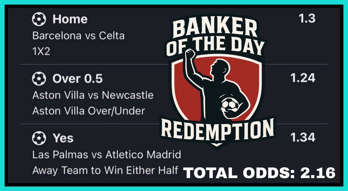 MrFrankBets's tweet photo. 🏦 BANKER OF THE DAY 🏦

📍 BARCELONA WIN 
📍 ASTON VILLA OVER 0.5 GOALS 
📍 ATLETICO MADRID WIN EITHER HALF

📊 TOTAL ODDS: 2.16