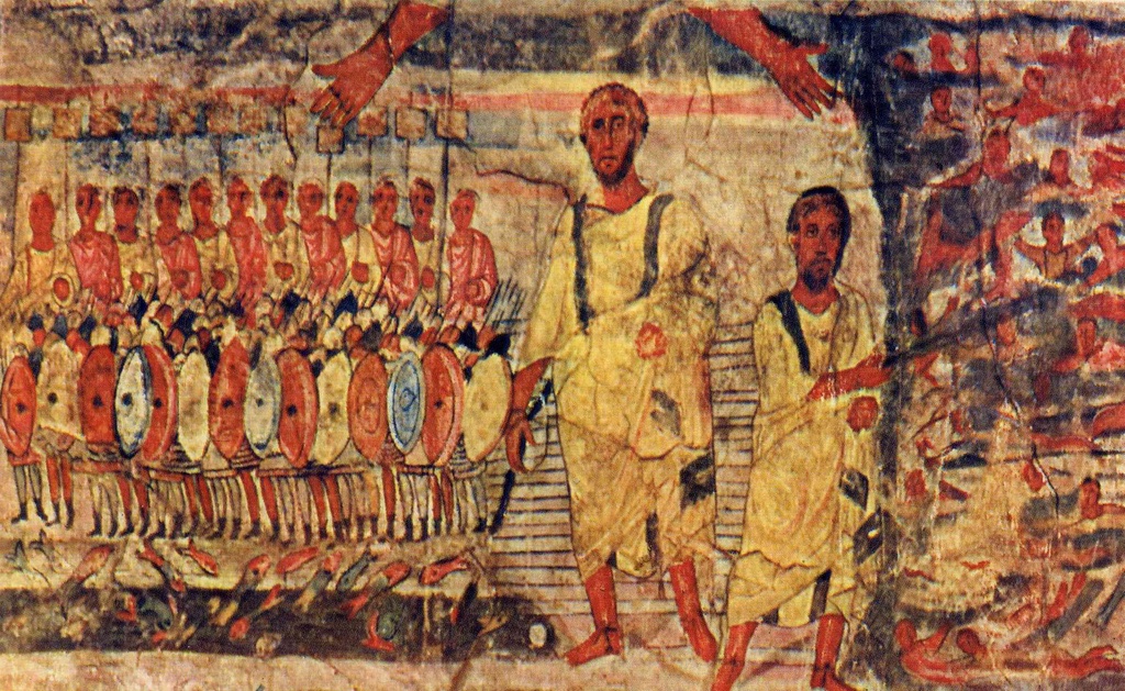 Happy Easter! 
Moses crossing the Red Sea-one of the stories from the tonight’s  Paschal Vigil. Provenience: Dura-Europos, dating: until 256 CE. In the Archaeological Museum, Damascus. pl.m.wikipedia.org/wiki/Plik:Dura…