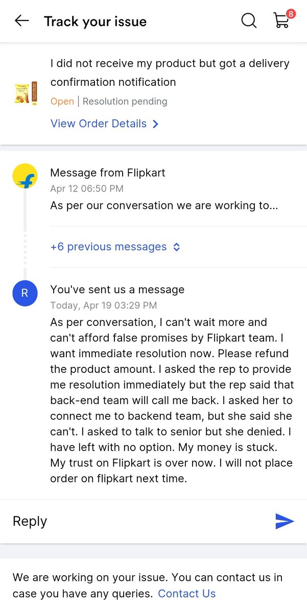 aarjey's tweet photo. @flipkartsupport is useless. Instead of providing any resolution, they simply created another ticket. What I will do with tickets if they remains open. See pics. #flipkart #kilos #groceries https://t.co/uy9XVBQ0bp