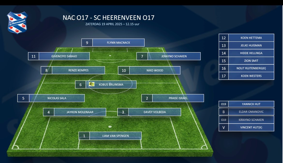 sch_akademy's tweet photo. Sc Heerenveen O17 speelt in Breda tegen NAC O17.
Dit is de opstelling:
#O17 https://t.co/wj4meYKqs2