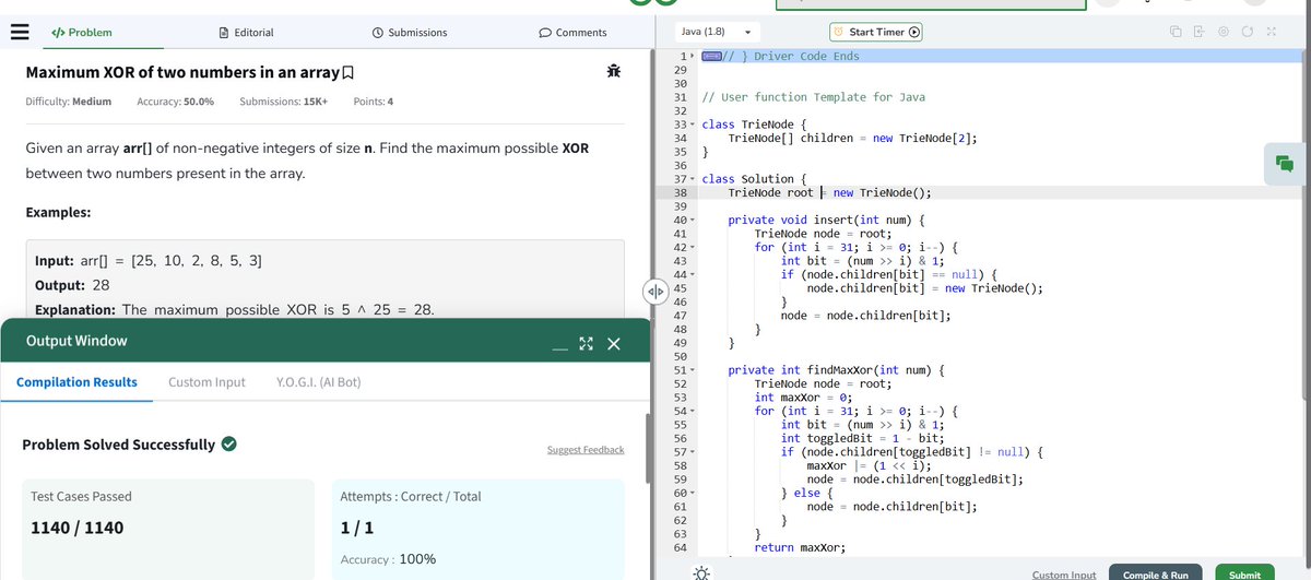 Ajinkya Walunj (@jinks4518) on Twitter photo ๐Day 155 #geekstreak2025 #gfg160
<a href="/geeksforgeeks/">GeeksforGeeks</a>
Problem -Maximum XOR of two numbers in an array
#connect #studytwt #LearnInPublic #letsconnect #100DaysOfCode #collegestudents #geeksforgeeks #SoftwareDevelopment #CodingChallenge #SoftwareEngineering #potd #Java #buildinpublic ๐Day 155 #geekstreak2025 #gfg160
<a href="/geeksforgeeks/">GeeksforGeeks</a>
Problem -Maximum XOR of two numbers in an array
#connect #studytwt #LearnInPublic #letsconnect #100DaysOfCode #collegestudents #geeksforgeeks #SoftwareDevelopment #CodingChallenge #SoftwareEngineering #potd #Java #buildinpublic
