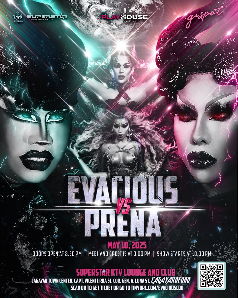 eva_lequeen's tweet photo. Team EVACIOUS or Team PRENA? 🔥🔥🔥

Puksaan, Hard!—Eva Le Queen and Hana Beshie are FINALLY going head-to-head for Precious Paula Nicole’s heart. With M1ss Jade So joining as a special guest, you’re in for a night packed with jaw-dropping plot twists. 👀 

YOU 🫵 DO 🫵 NOT 🫵 WANT TO 🫵 MISS 🫵 THIS!

Join us on May 10, 2025, at Superstar KTV Lounge and Club, Cagayan Town Center, Cagayan de Oro. M&G starts at 9:00 PM, and the show kicks off at 10:00 PM.

Reserve your spot NOW at https://t.co/KG11iwpItv.

#ThePlayHousePH
@hana_beshie 
@PreciousPaulaN 
@m1ssjadeso