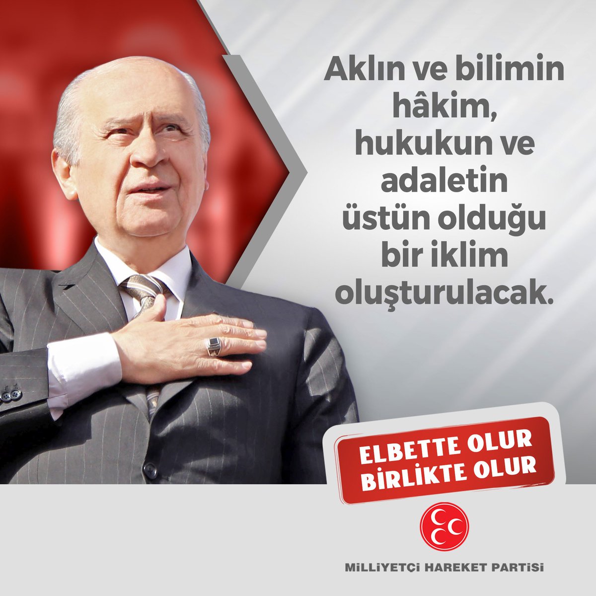Bir Memleket Yükü 
Bir Hilal Düşü 
Reisin Yüzünde 
Vatan Gülüşü 
Büyük Sevdalarda 
Bulur Kendini 
Sevdasını Anlatamaz ki...

Lider Tek'tir 
Dr Devlet Bahçeli'dir 
Varolsun Devlet 
Yaşasın Onurlu Mücadelemiz

Staj ve Çıraklık SGK Başlangıcı Sayılsın İstiyoruz 

Onur'lu mücadeleye