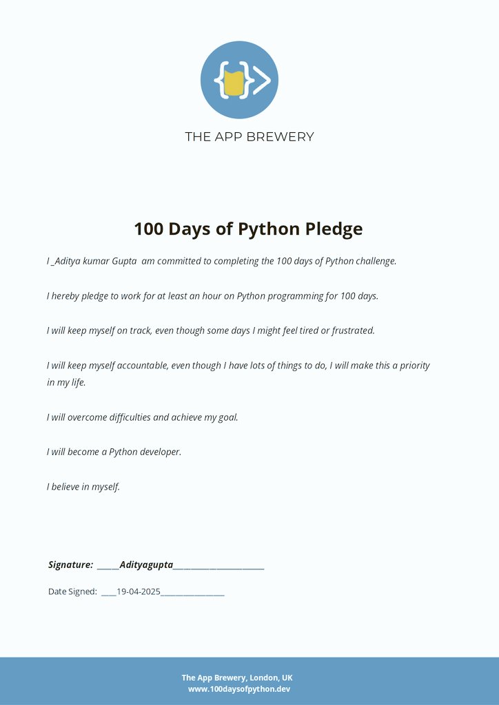 🚀 Starting my #100DaysOfCode challenge! 💻
I, Aditya Kumar Gupta, commit to coding 🖥️ for at least 1 hour every day for the next 100 days! 💯 Whether it's tough or easy, I’ll stay on track, learn new skills 🧠, and become a proficient Python developer 🐍.
#CodingJourney