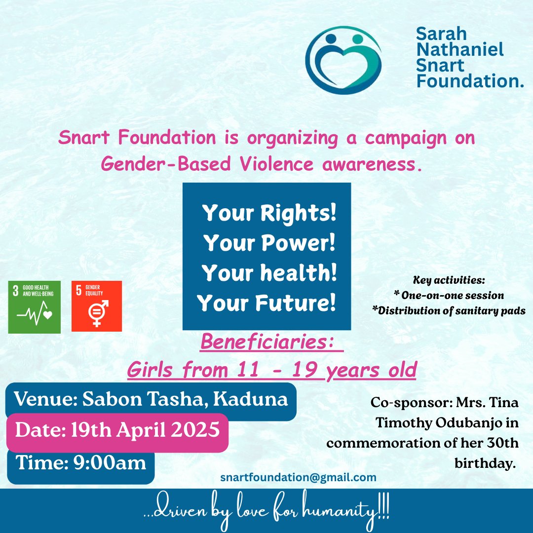 SnartFoundation's tweet photo. Calling girls aged 11-19 in Sabon Tasha to join to learn about Gender-Based Violence, understand what it is, and discover how to seek help and support. 
Come learn, &amp; get empowered.  Don't miss this opportunity to know your power.
#snartfoundation #GREAP #GirlsRights #EndGBV #SDG https://t.co/zCPNw2ruRL