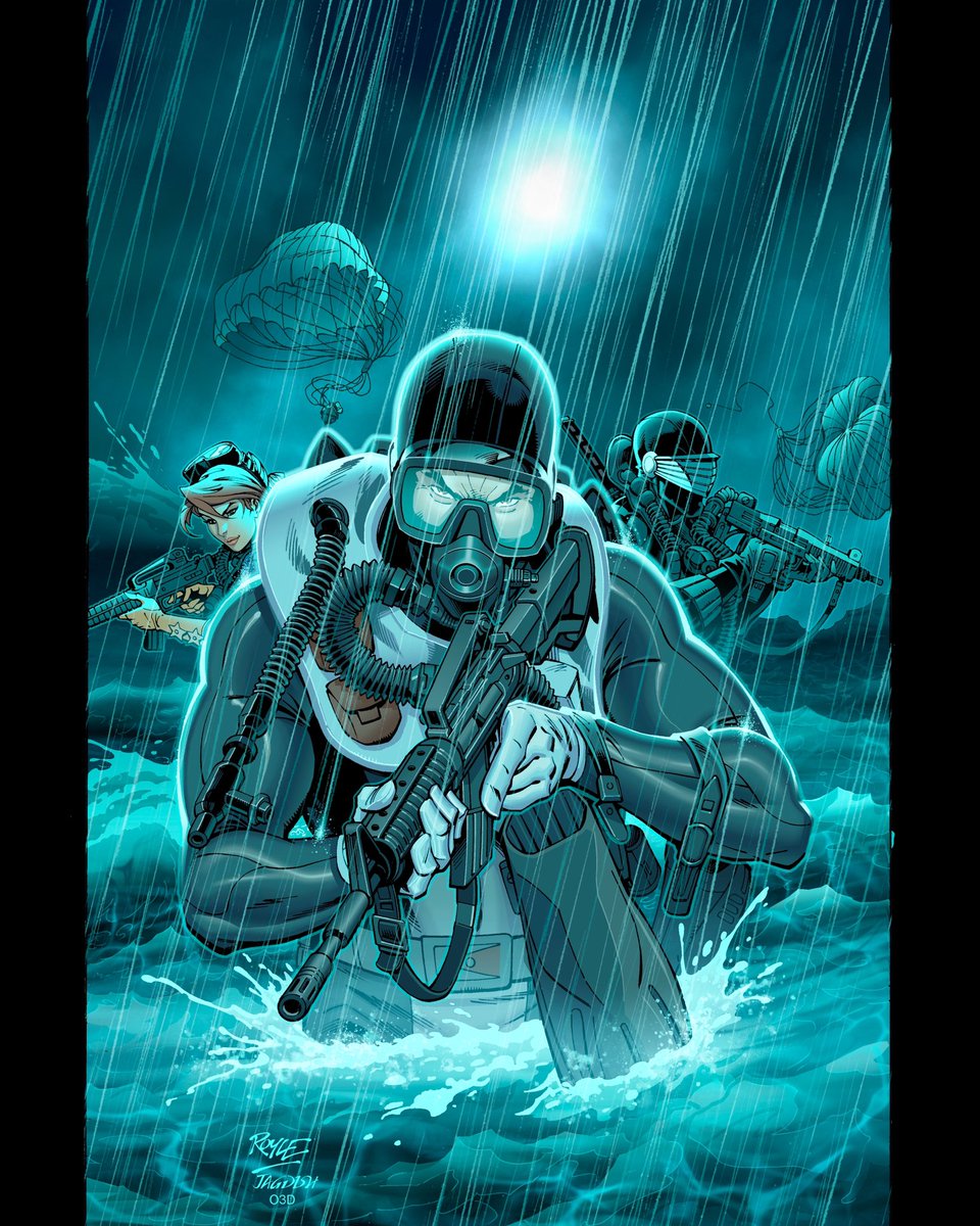 Loved drawing this G.I.JOE cover with its moody sea theme starring Torpedo, SnakeEye and Scarlet. Pencils Yours truly, great inks @jagdishkumar_inks &amp; fab colours @james_o3d #yojoe #gijoe #torpedo #scarlet #snakeeye #coverart #variant #comicartist #johnroyleart #comic #comicbook