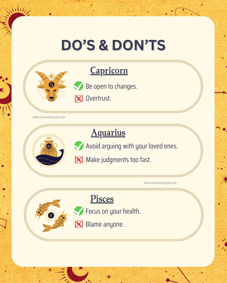 Arunastrology's tweet photo. This week's ✅Do's and ❌Don'ts
#dos #donts #week #zodiac #zodiacsigns #arunkumarvyas #astrology https://t.co/KXLbiEng2W