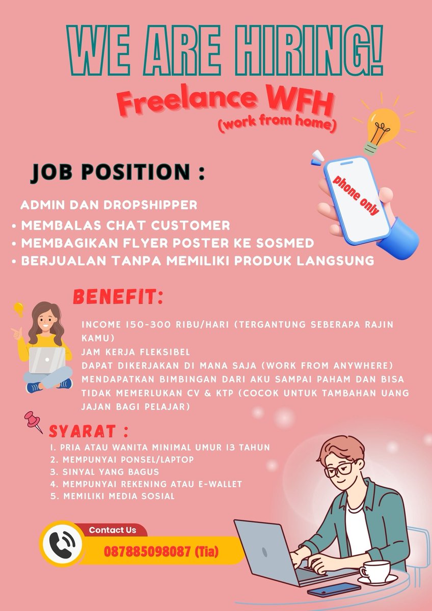 rrainyss's tweet photo. Halo, open freelance wfh!
ᥫ᭡minimal usia 13 taun
ᥫ᭡wajib punya rekening/e-wallet buat nerima fee nanti ya
let’s go dm buat tanya detail jobdesknyaa𓍯𓂃𓏧♡
#infoloker #lokerwfh #infoparttime #zonauang #lokersma #infofreelance https://t.co/wH3RUq8jFE
