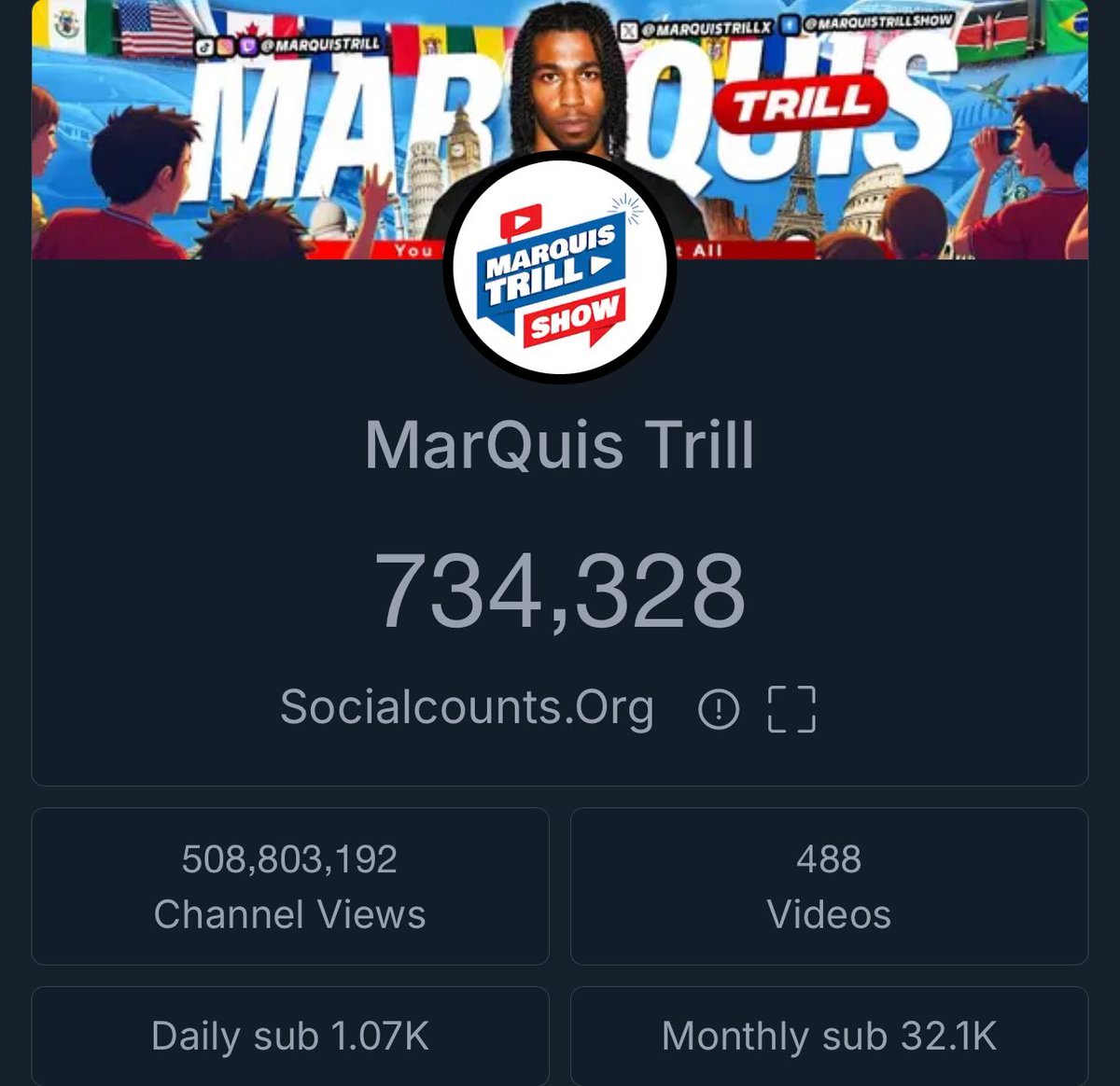 marquistrillx's tweet image. So I said I would never come back to @Youtube unless I hit 750,000 subscribers  whelp it’s been 6 years and at my current pace it looks like May I will be making a Comeback to chase my 1,000,000 subscriber Award! Any ideas let me know Track my progress - socialcounts.org/youtube-live-s…