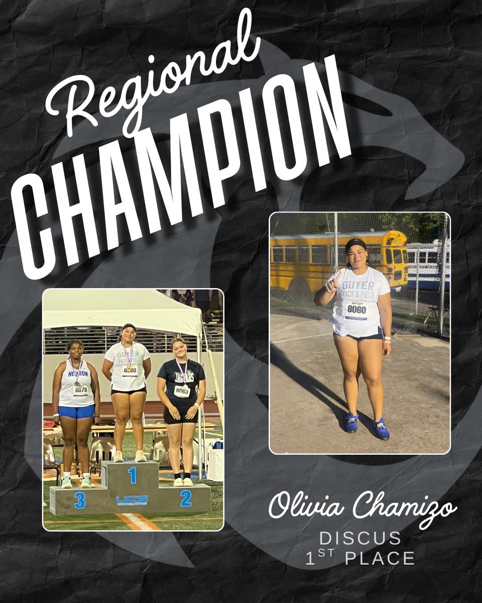 GuyerGirlsTrack's tweet image. With a throw of 159’2” in the discus, Olivia Chamizo is the 6A REGION 1 CHAMPION and headed to State!
