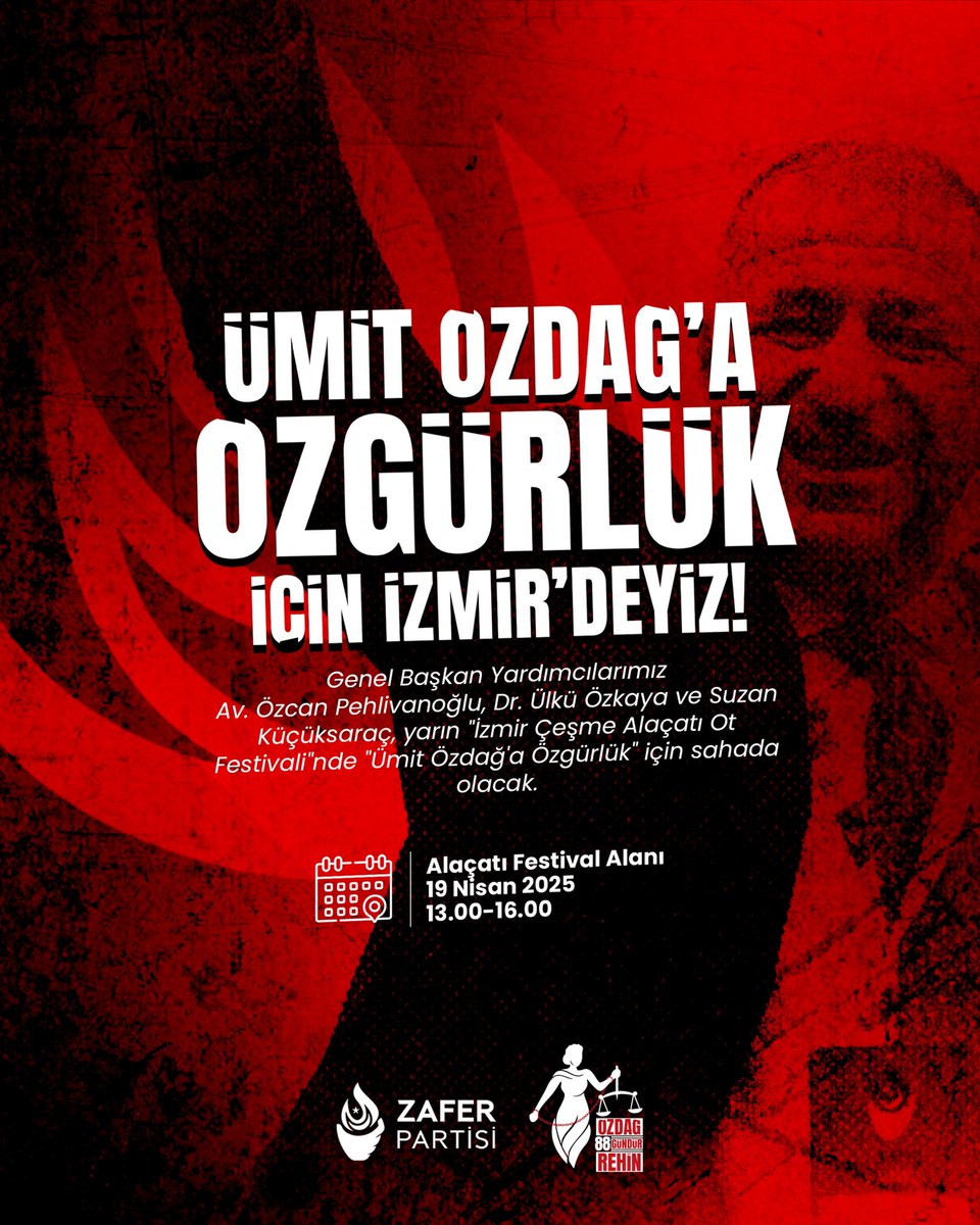 Genel Başkan Yardımcılarımız Av. Özcan Pehlivanoğlu, Dr. Ülkü Özkaya ve Suzan Küçüksaraç, bugün (19 Nisan Cumartesi) "İzmir Çeşme Alaçatı Ot Festivali"nde "Ümit Özdağ'a Özgürlük" için sahada olacak.

Tarih: 19 Nisan Cumartesi
Saat: 13.00-16.00 arası
Yer: Alaçatı Festival Alanı