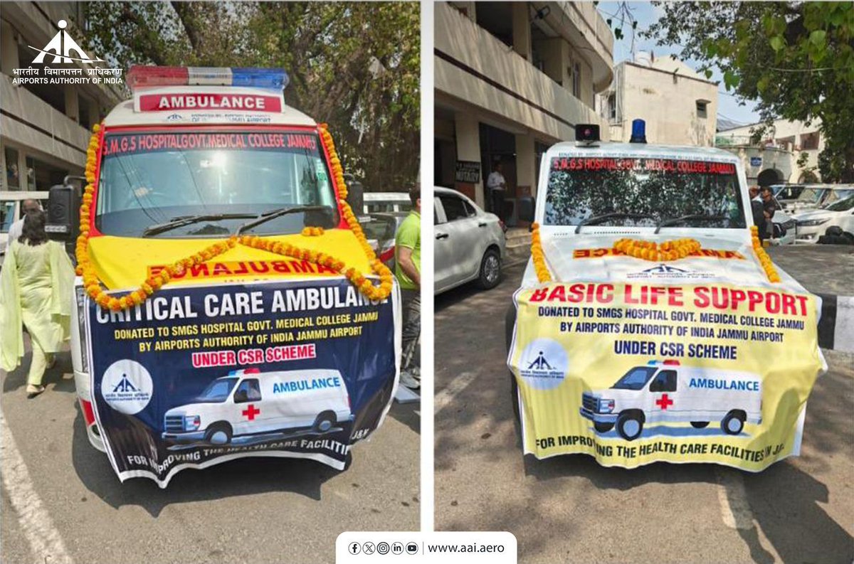 AAI_Official's tweet photo. #AAI is demonstrating its unwavering commitment to #SocialResponsibility by leading transformative change through impactful #CSR Initiatives across the nation. In a significant step towards enhancing emergency healthcare services, #AAI’s #JammuAirport @aaijmuairport has handed over two fully-equipped Ambulances to SMGS Hospital, Jammu. 

This initiative reflects #AAI’s dedication to strengthening Emergency Medical Response Systems and boosting Healthcare Infrastructure in the Union Territory of Jammu & Kashmir, contributing meaningfully to the well-being of local communities.