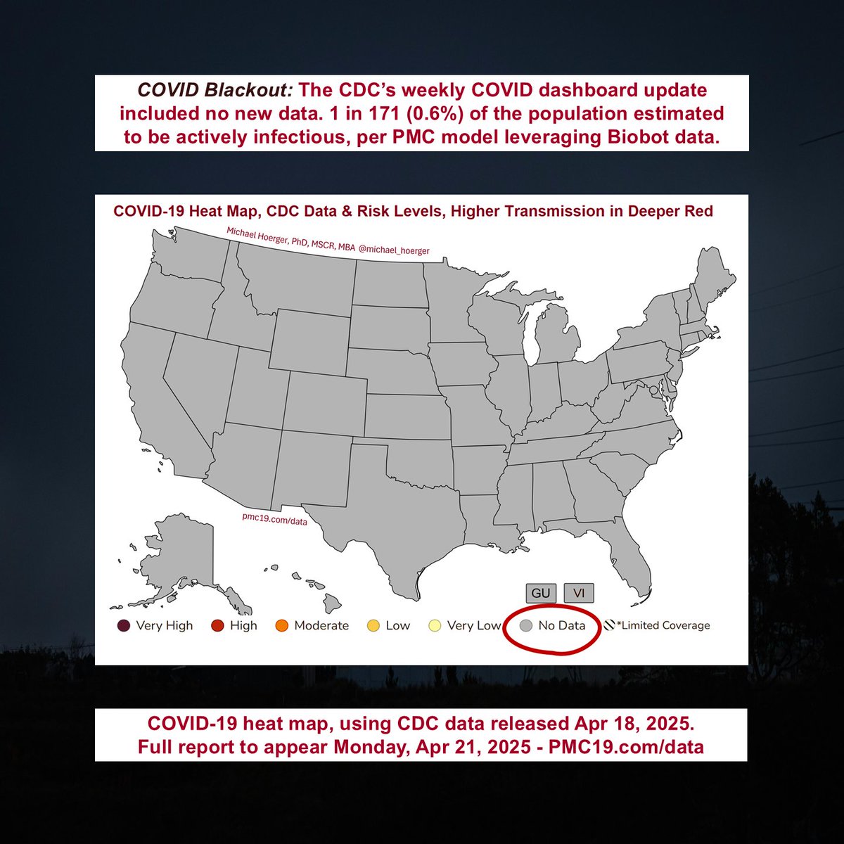 CDC Blackout on COVlD Wastewater Data

Their dashboard "updated" today. The data did not. This is NOT normal. The data updated even when external communication was previously banned. Leveraging Biobot data, PMC estimates 1 in 171 people in the U.S. are actively infectious.