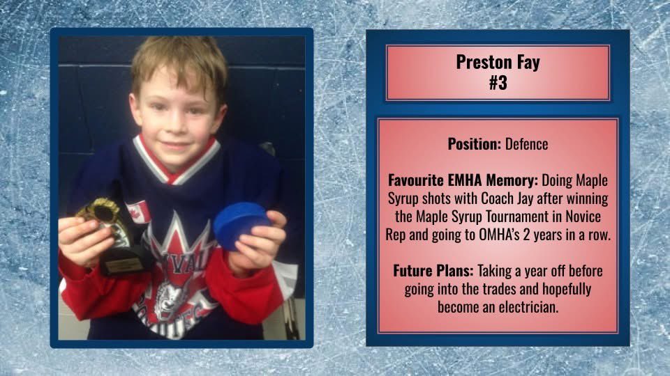 EMHACoyotes's tweet photo. Next up in our EMHA graduating 'class' is Preston Fay!
Preston, thank you for your commitment and sportsmanship, all these years. Enjoy the year off and we wish you well in pursuing a career as an electrician.
#EMHA #GoYotes #HometownHockey https://t.co/M9ecNBPZTX