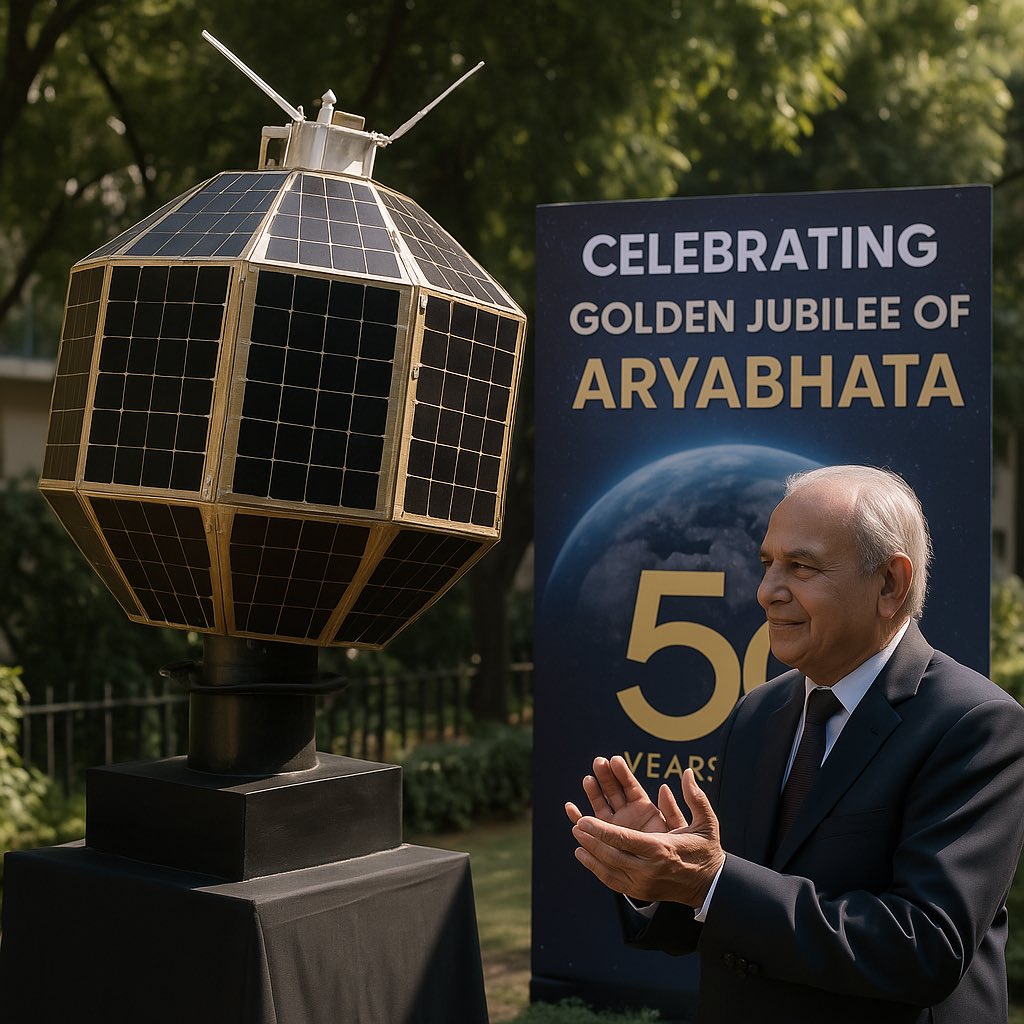Karingula10's tweet photo. Celebrating 50 glorious years of Aryabhata — India’s first satellite that marked India’s journey into space. A proud golden jubilee for a historic leap in science and innovation! #Aryabhata50 #GoldenJubilee #ISRO #IndiaInSpace https://t.co/bT05jv5w9s