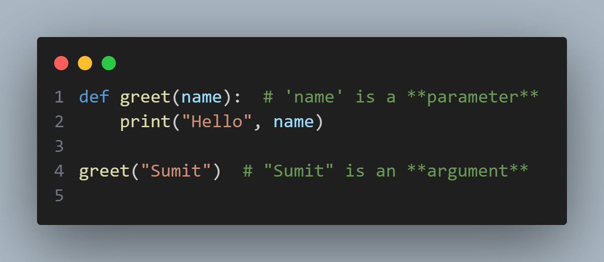 Pythonic_Sumit's tweet image. Day - 10

Today I learned more in-depth about functions, like:

• Parameter: A name used inside the function to refer to the value.

• Argument: The actual value you give when calling the function.
#Python  #LearnToCode #LISACHELLA #Tech #DonaldTrump  #WrestleMania