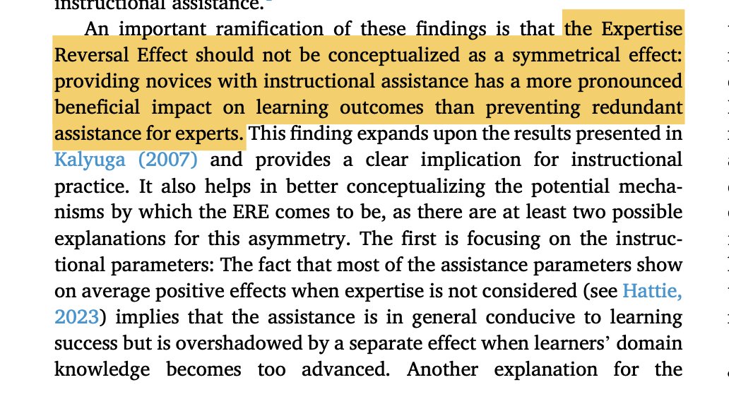 Interesting finding on adaptive teaching and the expertise reversal effect: it's not symmetrical. Giving help to novices has a stronger impact than removing help from experts. 

sciencedirect.com/science/articl…