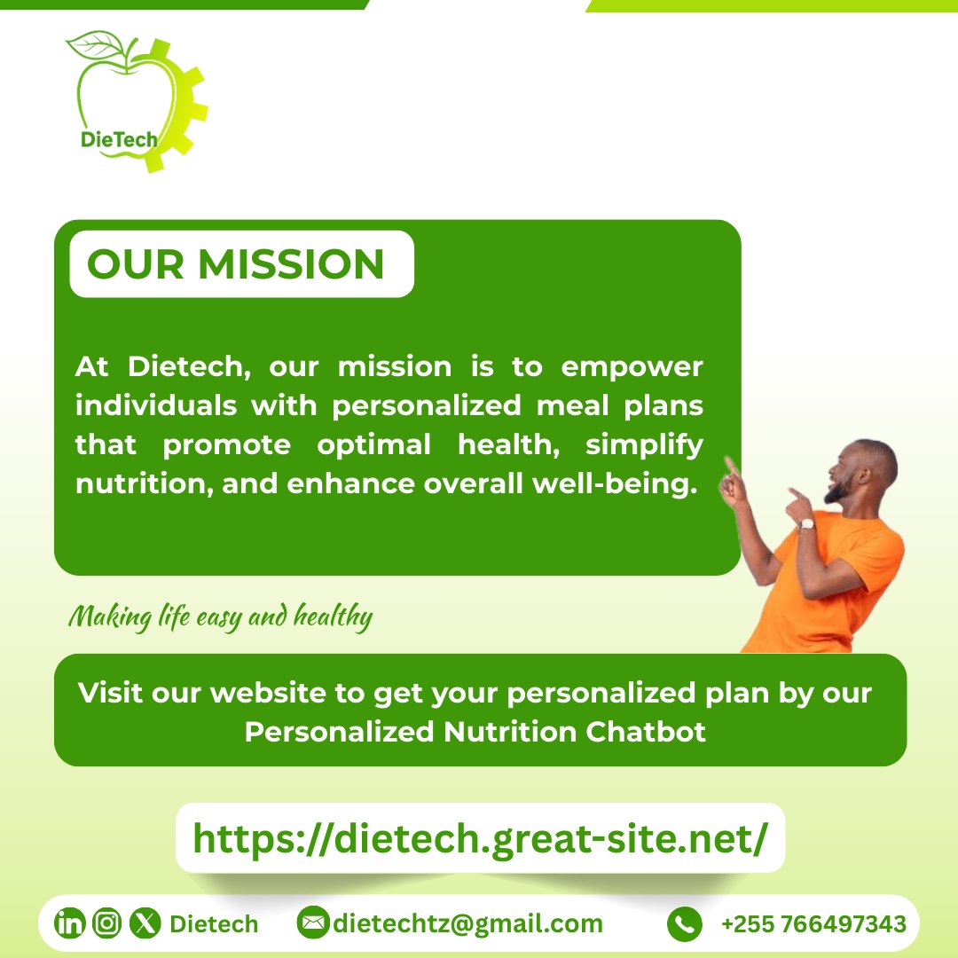 DietechTz's tweet photo. At Dietech, our mission is to empower individuals with personalized meal plans that promote optimal health, simplify nutrition, and enhance overall well-being. 
Visit our website now and get personalized nutrition insights by our Nutrition Chatbot. 👉👉 https://t.co/SoRWuU022X https://t.co/EgehgRRhFI