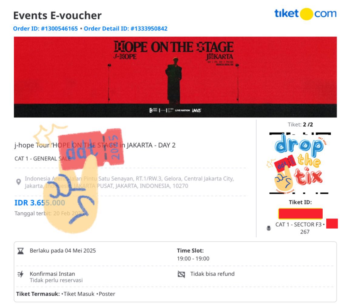 dropthetix's tweet photo. [WTS] JHOPE "HOPE ON THE STAGE" in JAKARTA

Day 2 — 4 Mei 2025
• CAT 1 (2 tix) Section F3 ❤️‍🔥
— owner dpt tiket di section lain yg berderetan 🥹❤️

view ke stage sesuai di gambar yah! (cr: gabyuur tiktok)
— jual face price ya! dm if interested

bts jkt wtb lfb
#HOS_TOUR_Jakarta https://t.co/L2xjfFQtnF