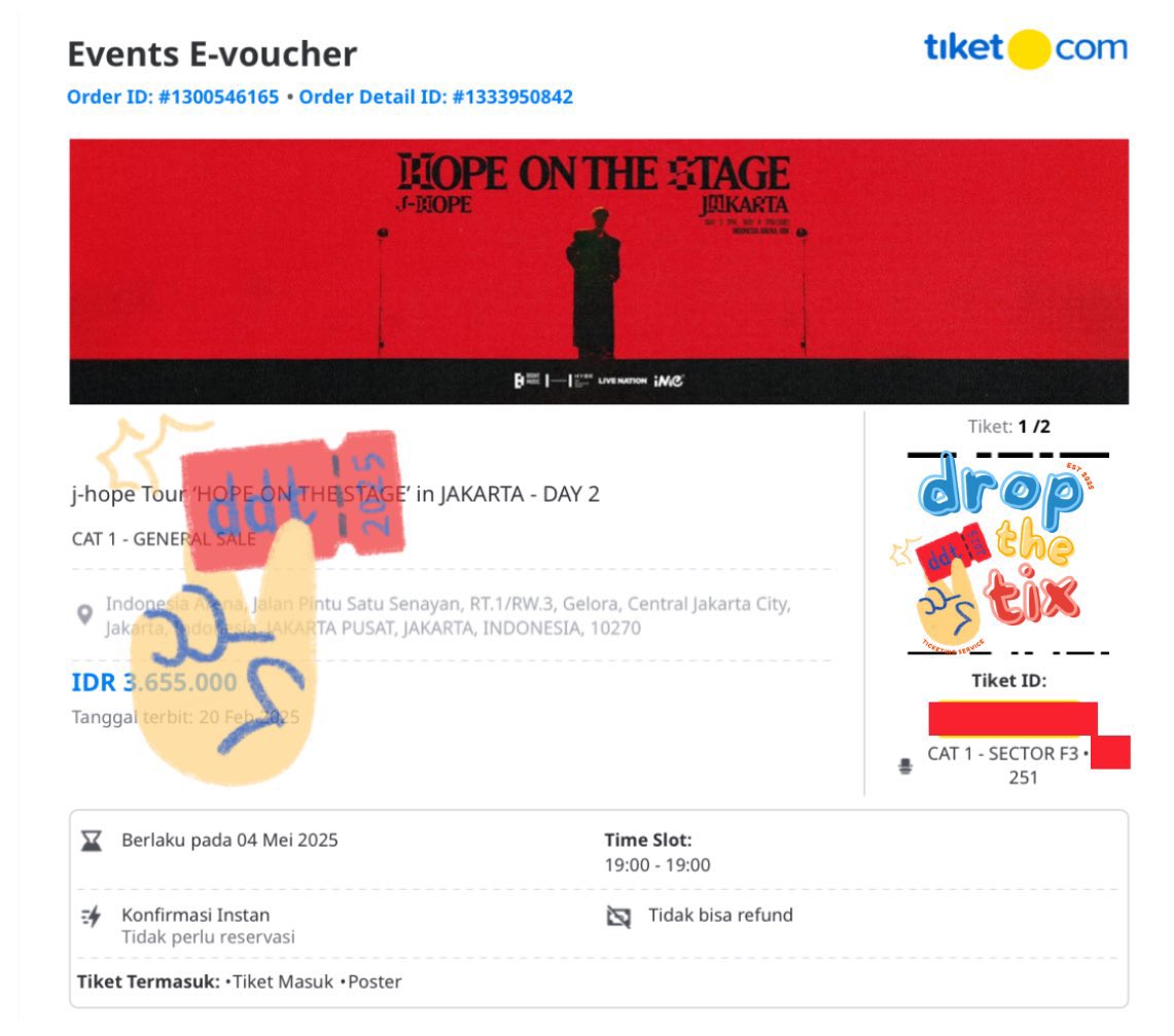 dropthetix's tweet photo. [WTS] JHOPE "HOPE ON THE STAGE" in JAKARTA

Day 2 — 4 Mei 2025
• CAT 1 (2 tix) Section F3 ❤️‍🔥
— owner dpt tiket di section lain yg berderetan 🥹❤️

view ke stage sesuai di gambar yah! (cr: gabyuur tiktok)
— jual face price ya! dm if interested

bts jkt wtb lfb
#HOS_TOUR_Jakarta https://t.co/L2xjfFQtnF