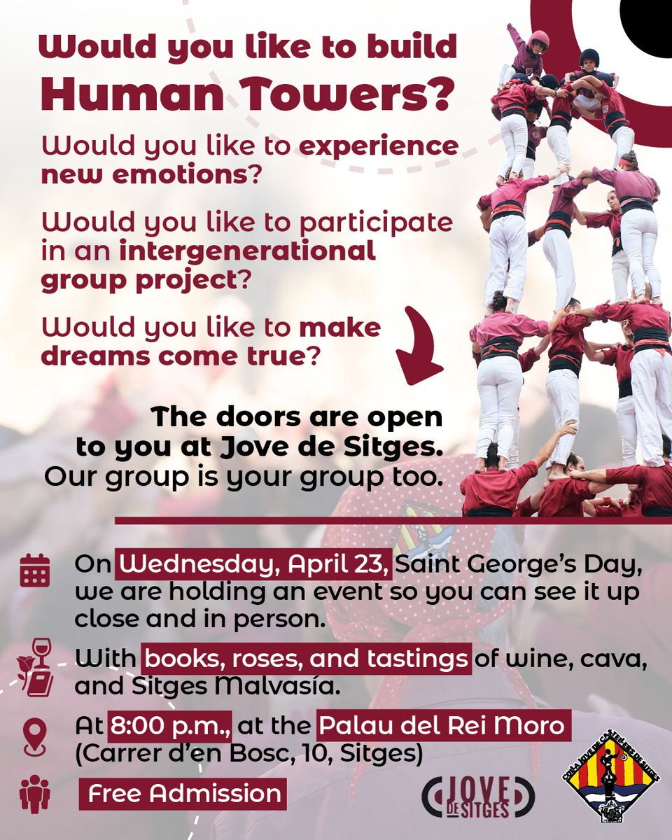 jovedesitges's tweet photo. ⁉️Would you like to build Human Towers?
⁉️Would you like to experience new emotions?
⁉️Would you like to participate in an intergenerational group project?
⁉️Would you like to make dreams come true?

📆 23 April, 8pm. An event with books, roses, and tastings of wine and Malvasia https://t.co/BWlFp04msj