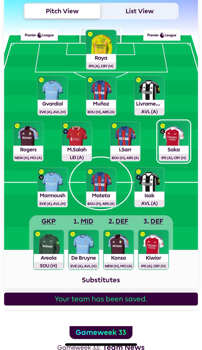 FPLScoccerCrazy's tweet photo. #GW33
πIn
Transfers -4
Rogers β
M.Asensio β
De Bruyne β
J.Murphy β
Kiwior β
Gabriel β
π137k
Bench Boost Active
π§’ Saka
Good luck, everybody #FPLCommunity #FPL #fplchat https://t.co/BR6CPPchzI