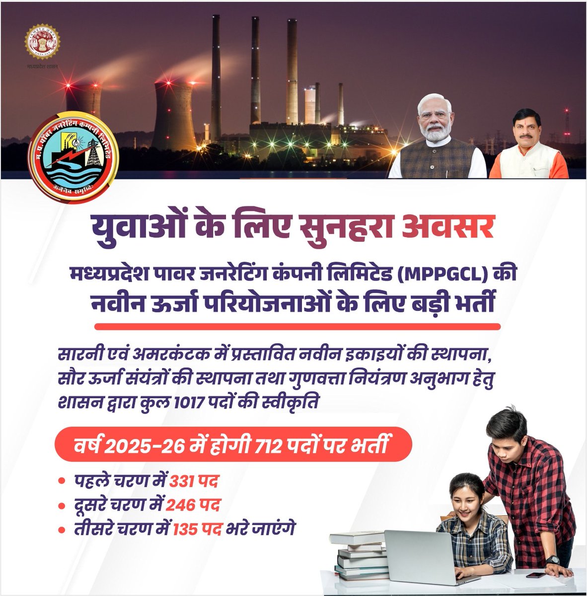 Energy_MPME's tweet photo. मध्यप्रदेश पावर जनरेटिंग कंपनी लिमिटेड की नवीन ऊर्जा परियोजनाओं के लिए होगी बड़ी भर्ती  

👉वर्ष 2025-26 में भरे जाएंगे 712 पद

@DrMohanYadav51 
@CMMadhyaPradesh 
@PradhumanGwl 

#MadhyaPradesh #JansamparkMP https://t.co/LIzJ6qulbl