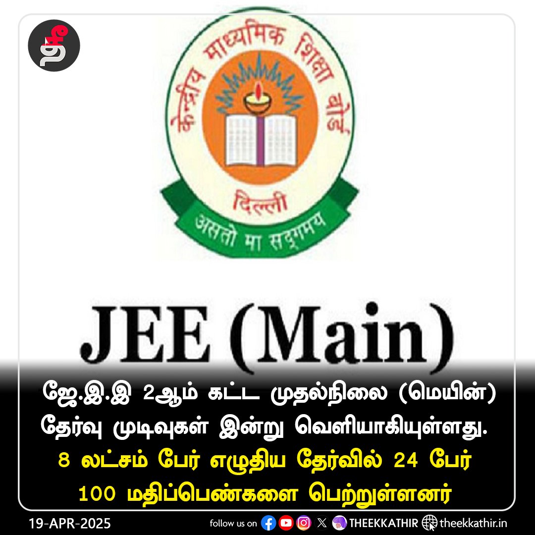 Theekkathir's tweet photo. ஜே.இ.இ. (மெயின்) தேர்வு முடிவுகள் வெளியாகின!
#Theekkathir | #JEEMainResult | #entrence https://t.co/yZ09h8Fbky
