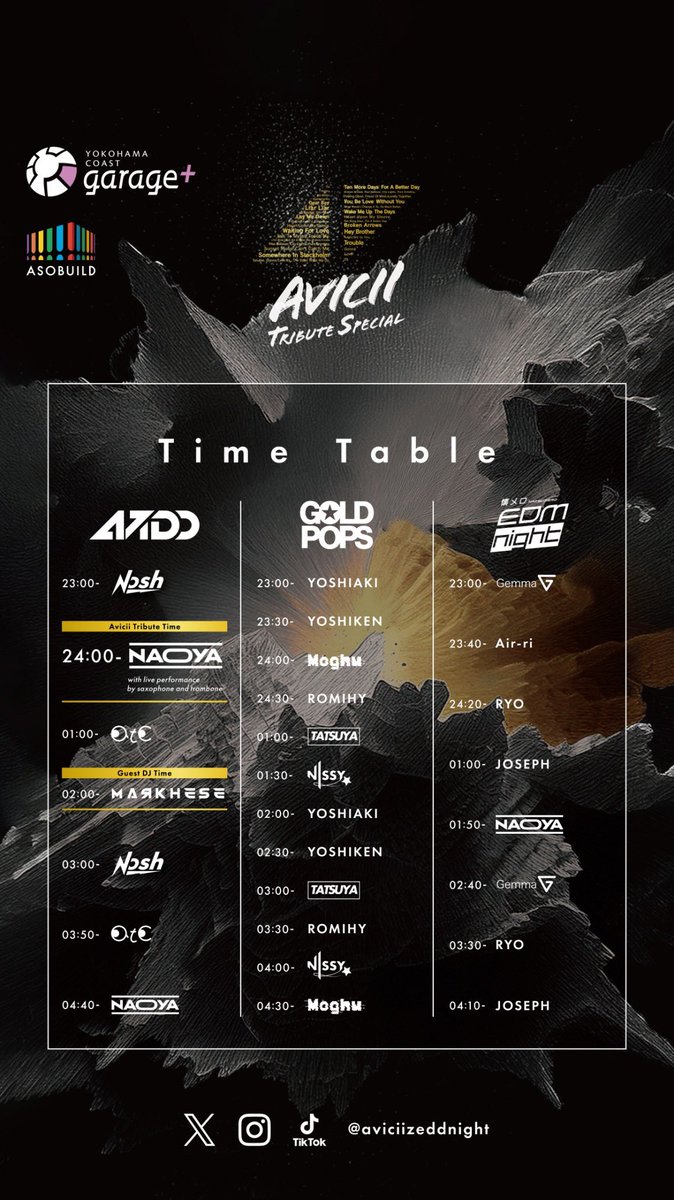いよいよ本日開催

2025.4.19(Sat)
23:00-5:00
at YOKOHAMA Coast Garage+
横浜駅みなみ東口より直結

AVICIIの歌で一つになりましょう

当日券ございます
チケットサイトor直接会場でもご購入いただけます🎟️

皆さんにお会いできるのを楽しみにしております🙏

当日券サイト
passmarket.yahoo.co.jp/event/show/det…