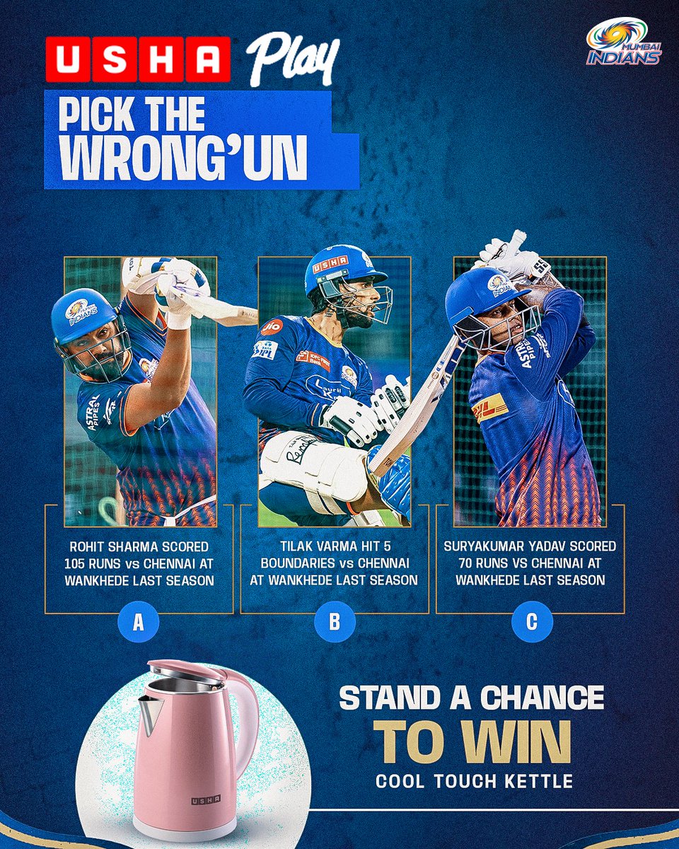 Pick the wrong’un kheloge, reward le jaoge 😎

Answer <a href="/UshaPlay/">Usha Play</a>'s latest challenge and stand a chance to win a brand new Cool Touch Kettle 🫖

Check out the T&amp;Cs to play now 👉 bit.ly/4bSJMSW

#MumbaiIndians #PlayLikeMumbai